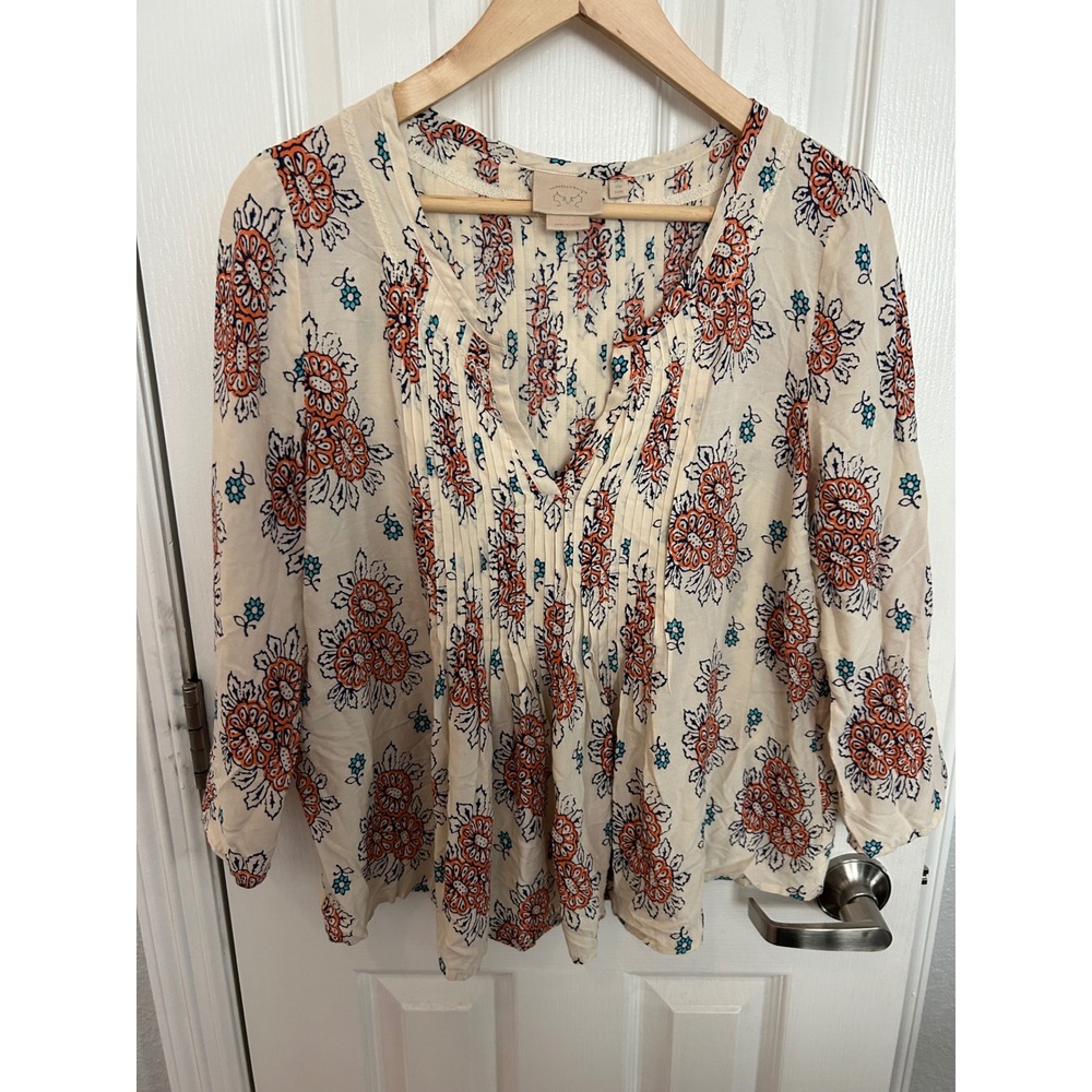Vanessa Virginia Anthropologie‎ Floral Pintuck Blouse Orange Teal Cream Size 6